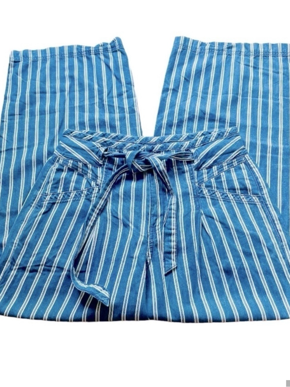 American Eagle Blue and White Striped Belted Wide Leg Cotton Pants - Size 6